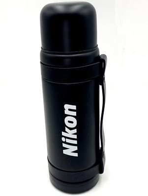 NIKON Thermos Insulated Hot Cold Coffee Water Bottle Leather Strap Handle Black