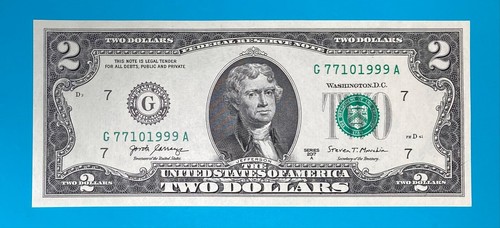 TRAILING YEAR 1999 (G 7710 1999 A) $2 Two Dollar Bill Serial Number 2017A *UNC* - Picture 2 of 4