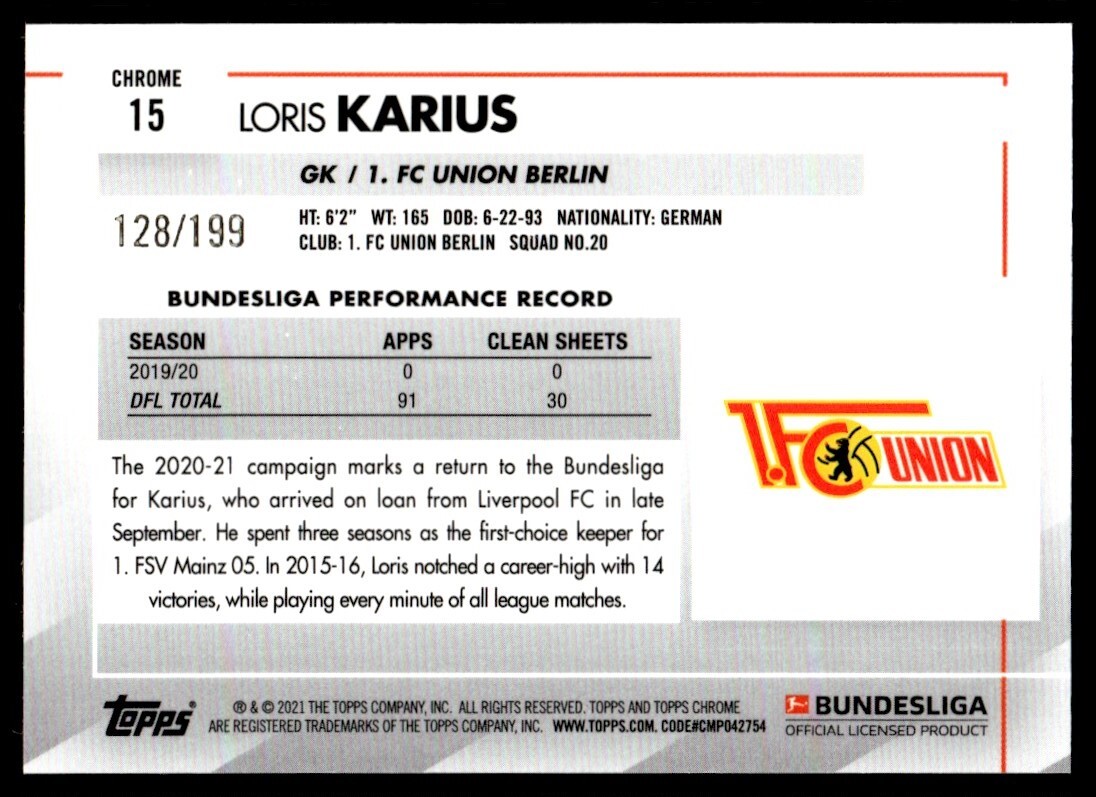 2020-21 Topps Chrome Bundesliga - Loris Karius #15 Prism Refractor