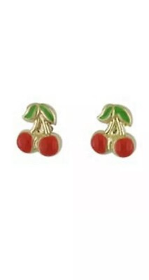 Stilvolle Kinder Ohrringe 14 Karat Gelbgold rote Emaille Kirsche
