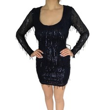 Macy  s Long Sleeved Sequin Short Navy Dress Sz 3/4 Sparkly Blue Prom Formal Mini