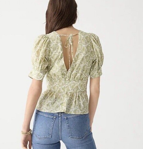 Camicetta donna J Crew manica a sbuffo bianca verde paisley boho cottage taglia large - Foto 8 di 10