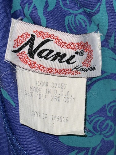 80s Nani of Hawaii Muumuu Royal Blue & Green Tea Leaf Lei Ruffles Vintage Small - Picture 12 of 23