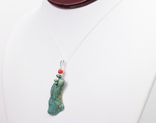 Freeform Genuine Turquoise Pendant Oxblood Coral Bail Sterling Silver 18in Chain - Picture 10 of 14