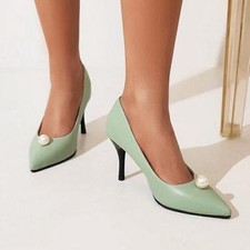 Womens Faux Leather Stiletto Heel Pointed Toe Pearl Decor Shoes Dress Office OL