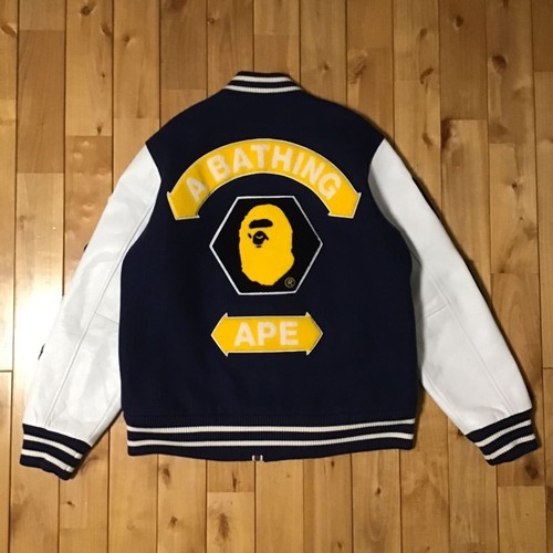 Sleeve Leather BAPE LOGO varsity jacket M size Navy a bathing ape leather 2503TY - Picture 3 of 10