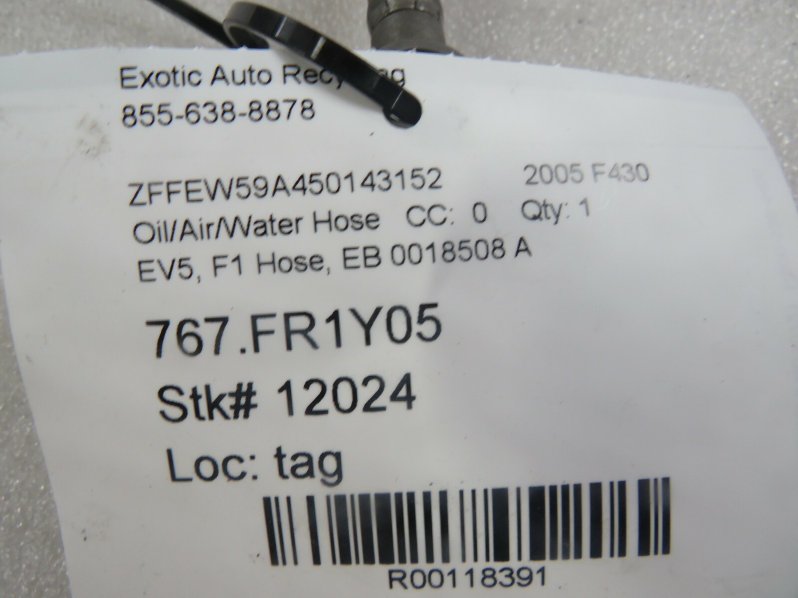 Ferrari F430, EV5 F1 Hose, Used, P/N 0018508 A