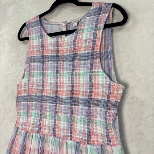 J Crew Dress Womens L Sleeveless Pastel Plaid Smocked Tiered Cotagecore Preppy - Picture 4 of 15