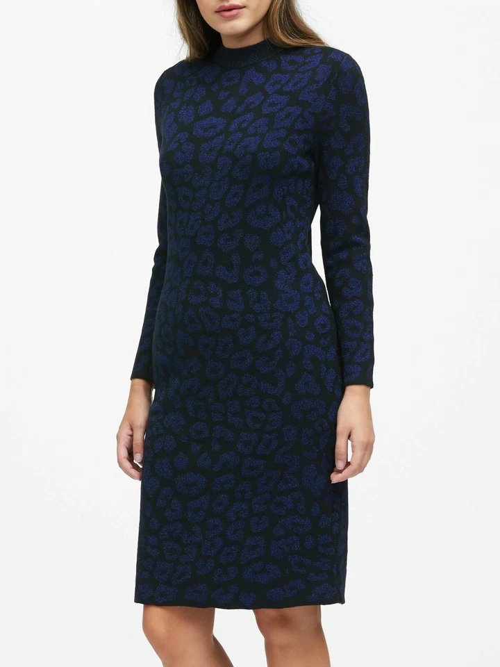 Banana Republic Metallic Leopard Sweater Dress,Navy Leopard SIZE M #517496 T1222