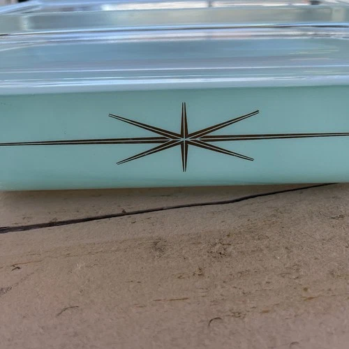 PYREX 1960s Atomic Starburst 575-B 2 QT Casserole Dish W/Lid Turquoise Gold RARE