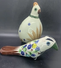 Vtg 2 Tonala Mexico Birds Figurines Signed CAT Floral Pottery hand painted 7”