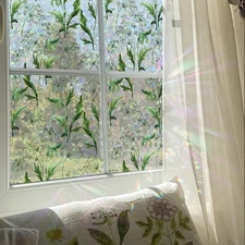 Rainbow Watercolor Green Leaves Window Film, Privacy Iridescent Static Cling ...