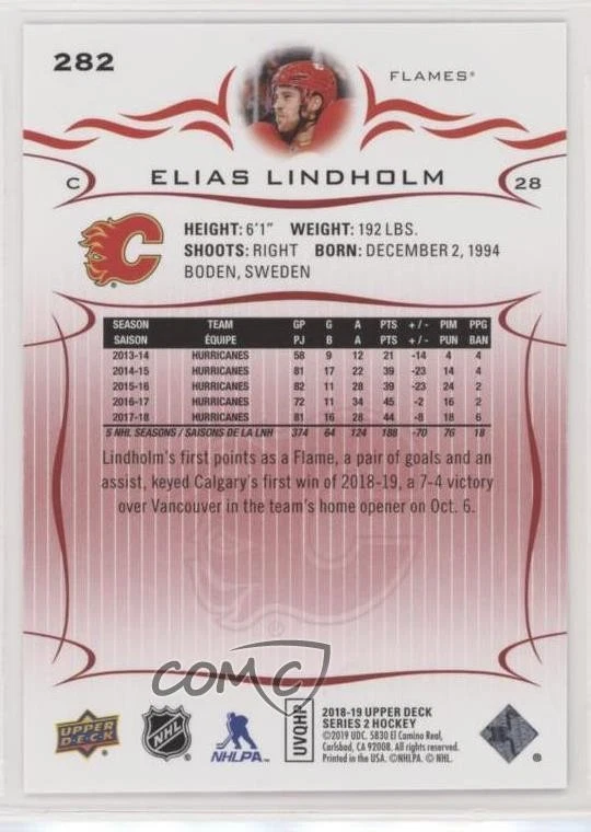 2018-19 Upper Deck UD Exclusives /100 Elias Lindholm #282 - Image 2 of 2