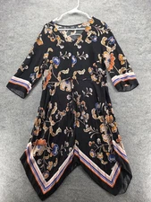 MSK Dress Womens XL Black Floral Handkerchief Hem 3/4 Sleeve Rayon Boho Border