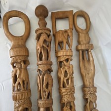Set Of 4 Hand Carved African Zimbabwe Wood Walking Sticks Canes Intricate