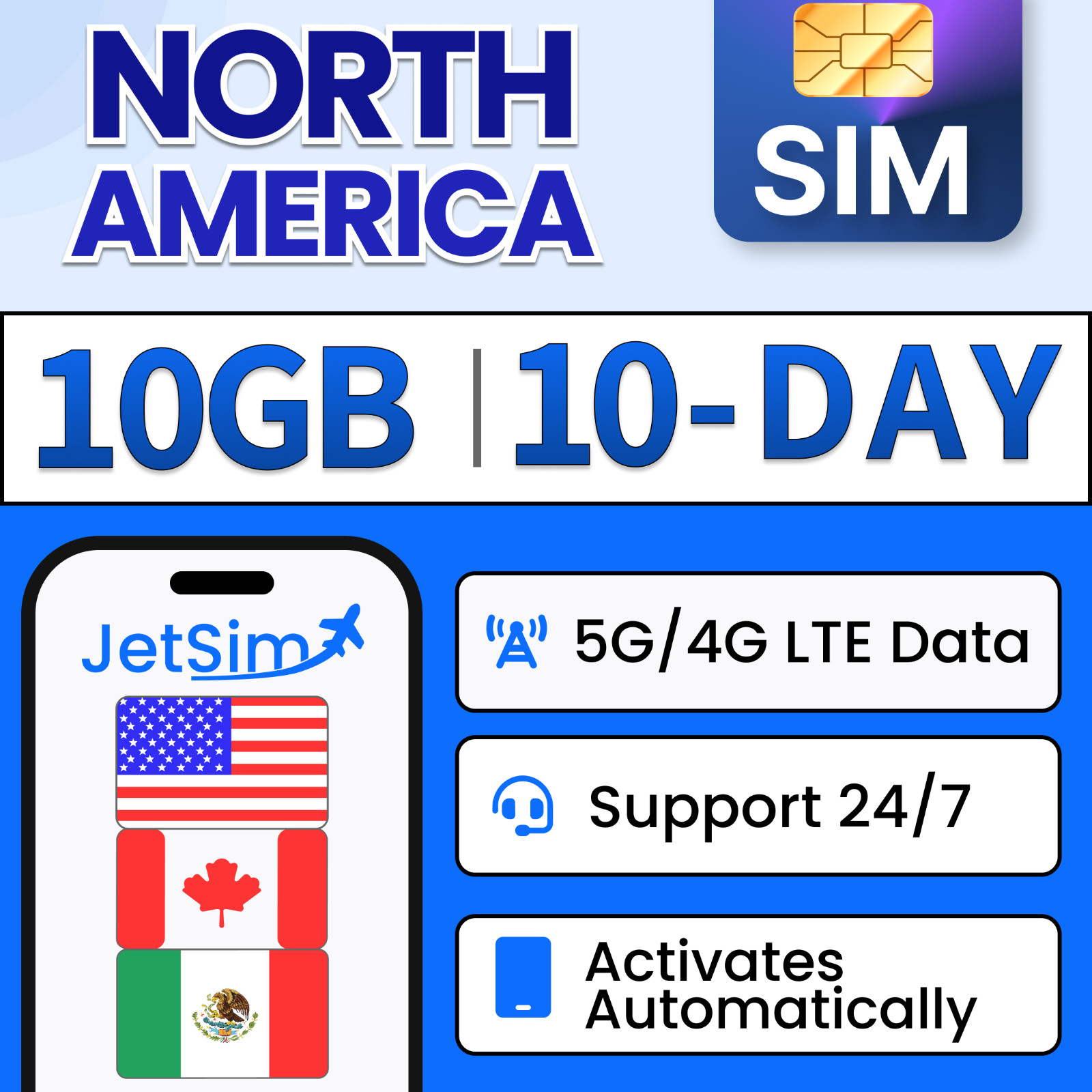 USA Canada Mexico SIM Card - 10GB High-Speed, 10 Day JetSim/Travel SIM