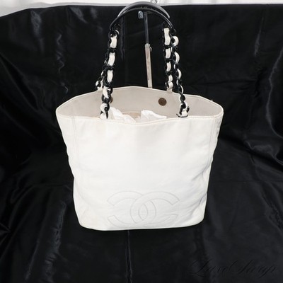 Chanel Made in Italy White Leather Black Resin Chained Handle