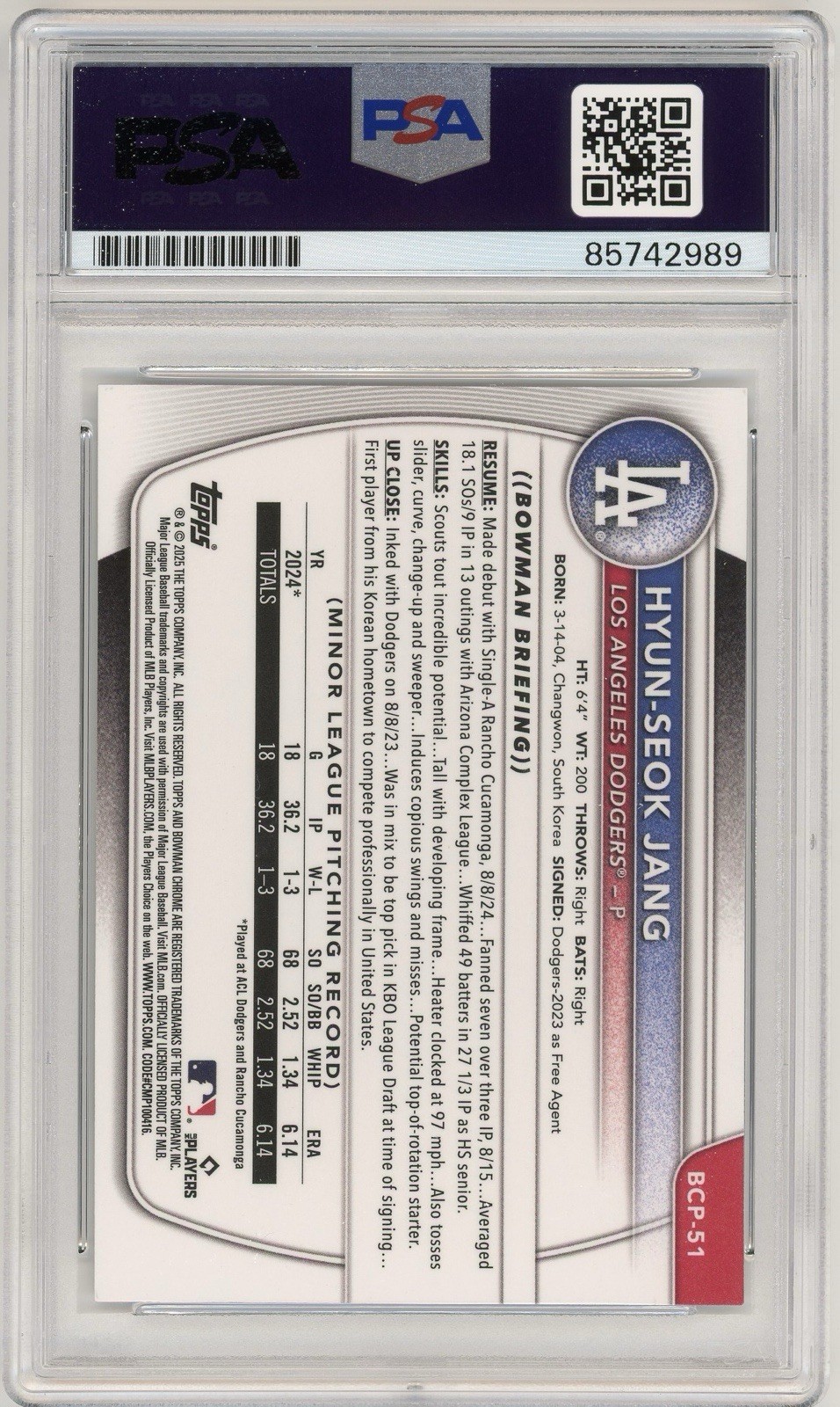 2025 1st Bowman Chrome Hyun-Seok Jang IP Auto BCP-51 PSA DNA AUTHENTIC Dodgers view 2
