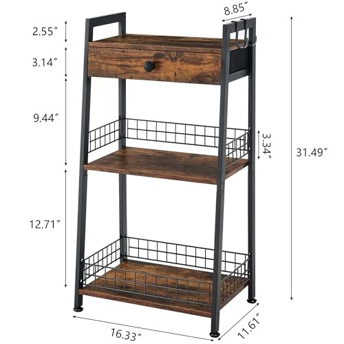 3-Tier Bathroom Ladder Shelf with Drawer, Bathroom Floor Storage Rustic Brown - Picture 7 of 7