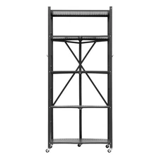 5-Tier Expandable Metal Shelf with Wheels, Foldable Black Design