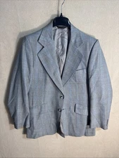 Vintage Curlee 41R Gray Blue Windowpane Plaid Wool USA Wide Lapels 2 Button