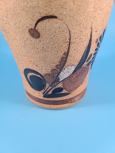 Mexikanische Keramik Vase Tonala Stil Mexiko Volkskunst Sandstein blau Vogel und Blume - Bild 4 von 8