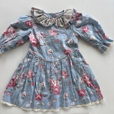 Vtg Floral Prairie Dress Le Maj Girls 5 Lace Trim Long Sleeve USA Cottagecore