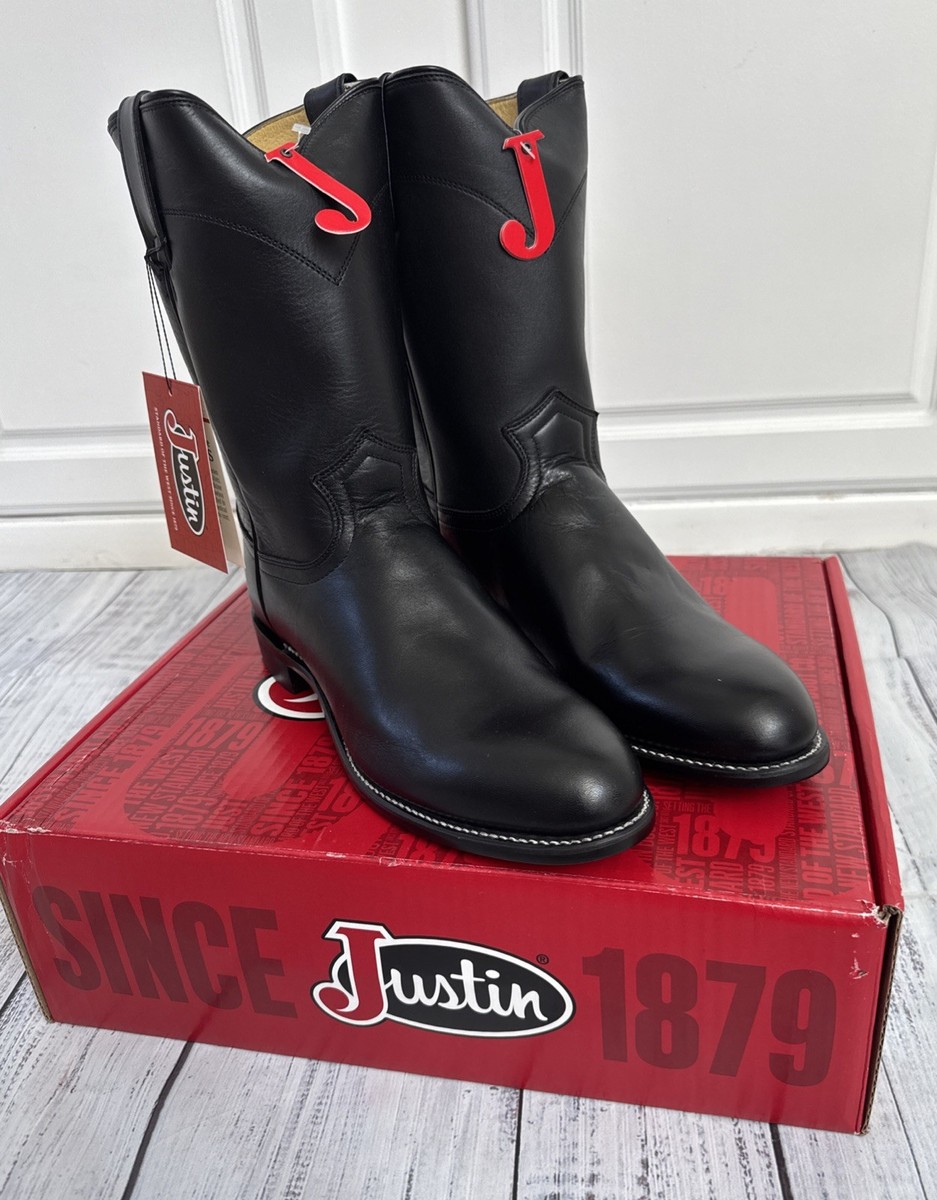 JUSTIN BLACK COWHIDE LEATHER ROUND TOE JACKSON ROPER COWBOY  display picture 3