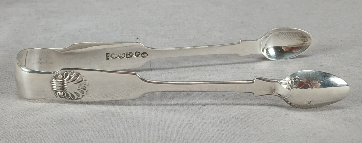 British Thomas Sewell I Newcastle Shell Sterling Silver Sugar Tongs C.1873