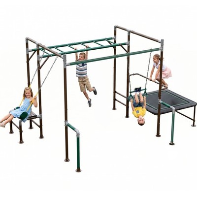 Swing Set Monkey Bars w/ Trapeze Bar, Trampoline, Belt Swing, Steel Frame EZ Set
