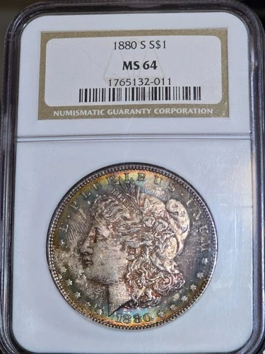 1880-S Morgan Silver Dollar NGC MS64 Rainbow Toned Coin Old Holder US $1 UNC