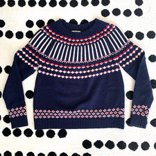 Vintage Fair Isle Nordic Sweater Womens S Navy Knit Retro Apres Ski Preppy 90s
