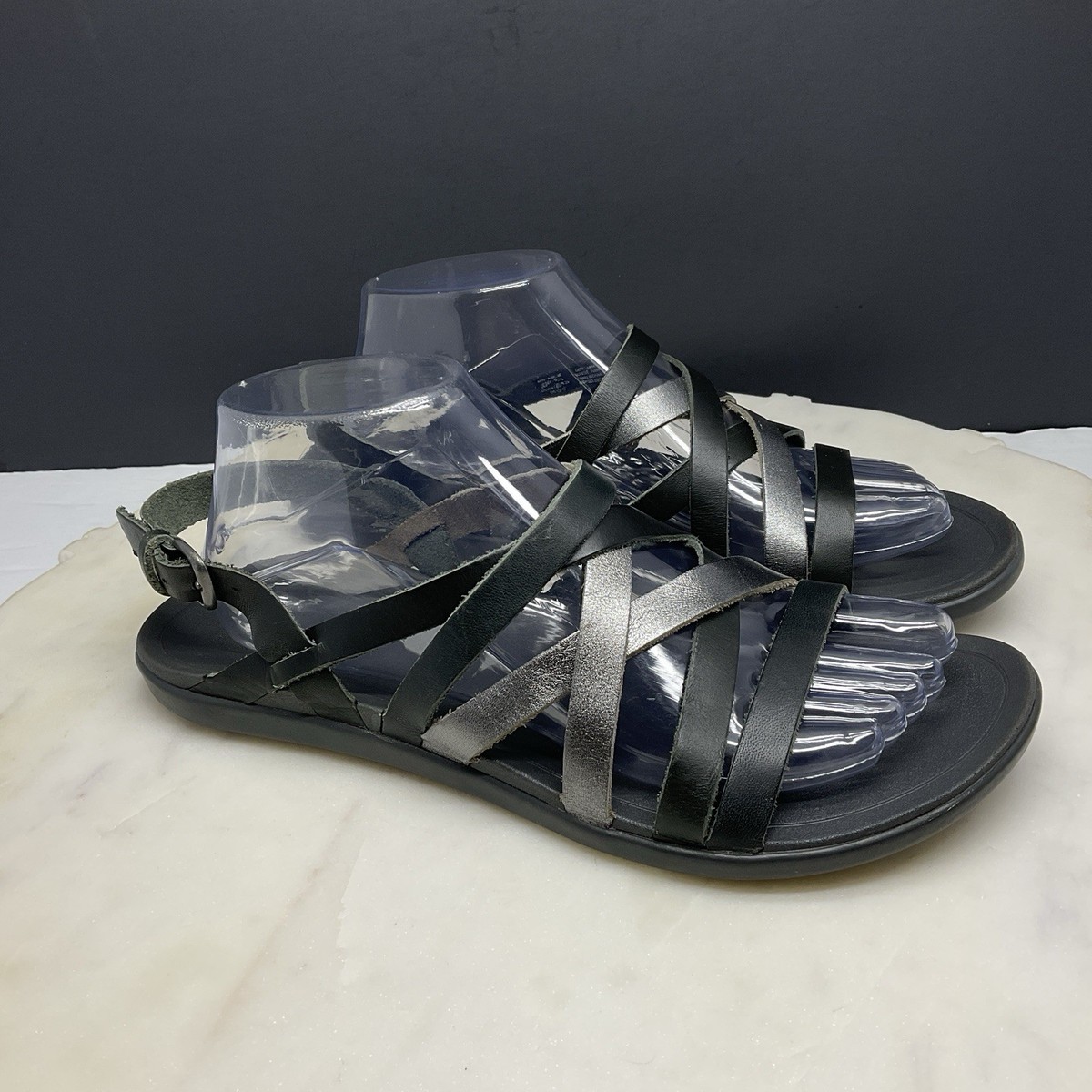 Olukai Awe Awe Womens Sandals Size 9 Black Pewter Leather Strappy Comfort Casual View 2