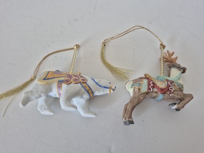 2 LENOX 1989 Porcelain CAROUSEL Animal Christmas Ornament Reindeer Polar Bear