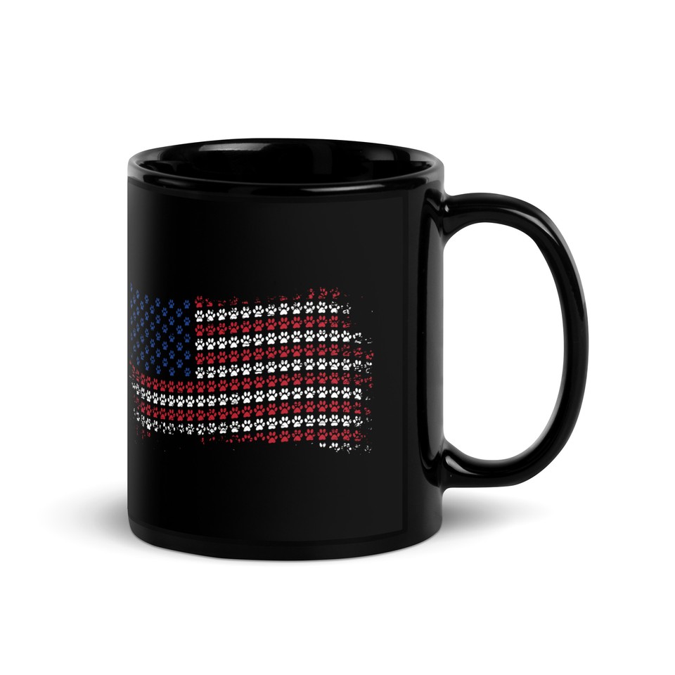 Patriotic Black Coffee Mug Glossy American USA Flag Paw Print Red White