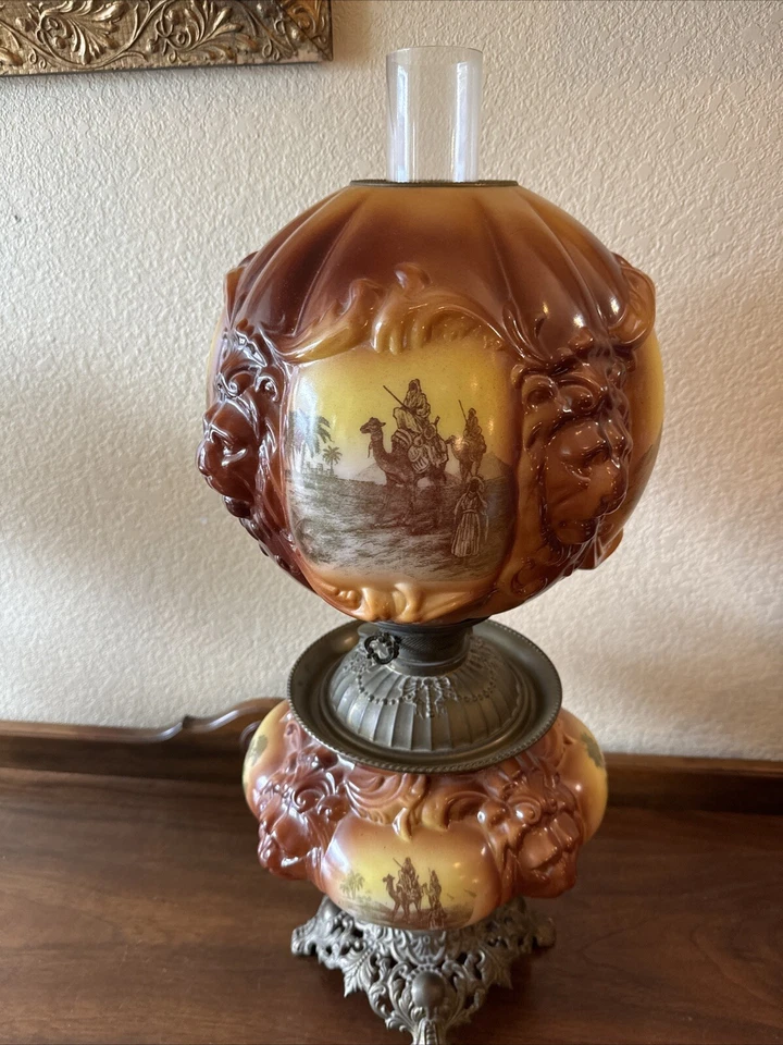 Vintage Antique Fostoria Oil Lamp Consolidated Lions Head Arabian Safari GWTW - Image 2 of 4