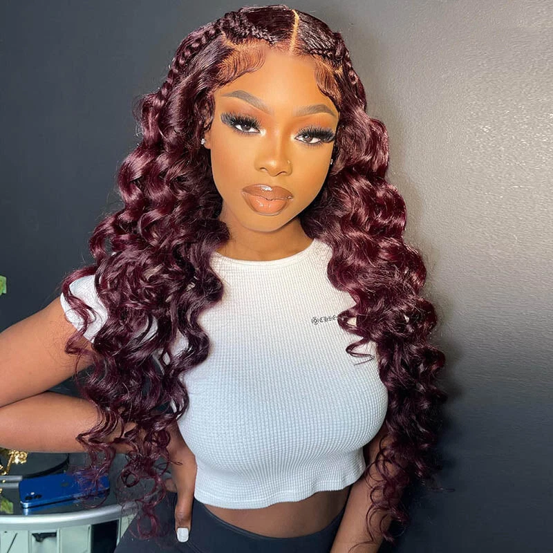 Long T Part Lace Front Human hair Wig Curly Wavy Burgundy Wigs