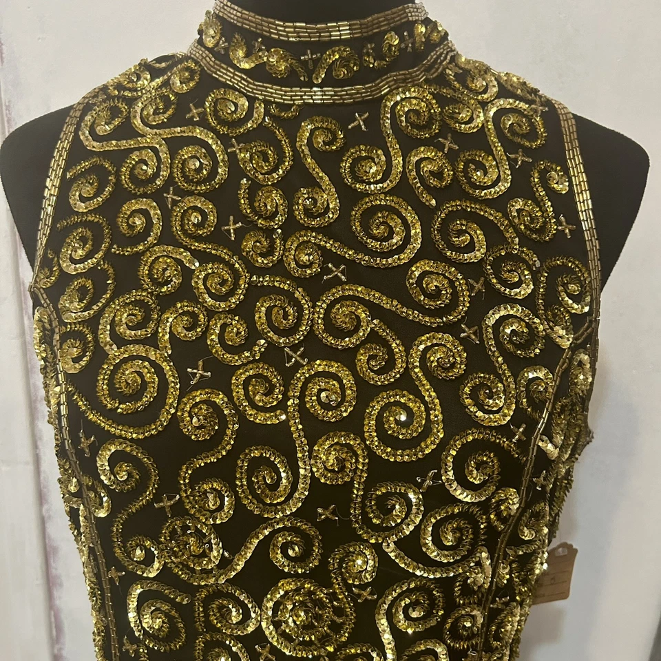 Vestido de cóctel vintage Scala midi seda con cuentas lentejuelas sin mangas 8 dorado negro Foto 2 de 4