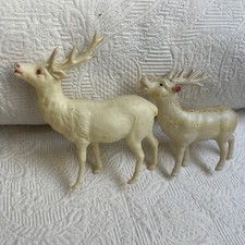 2 VTG Celluloid Cream Christmas Reindeer w Pink, Rhinestones, Glitter Japan 3H