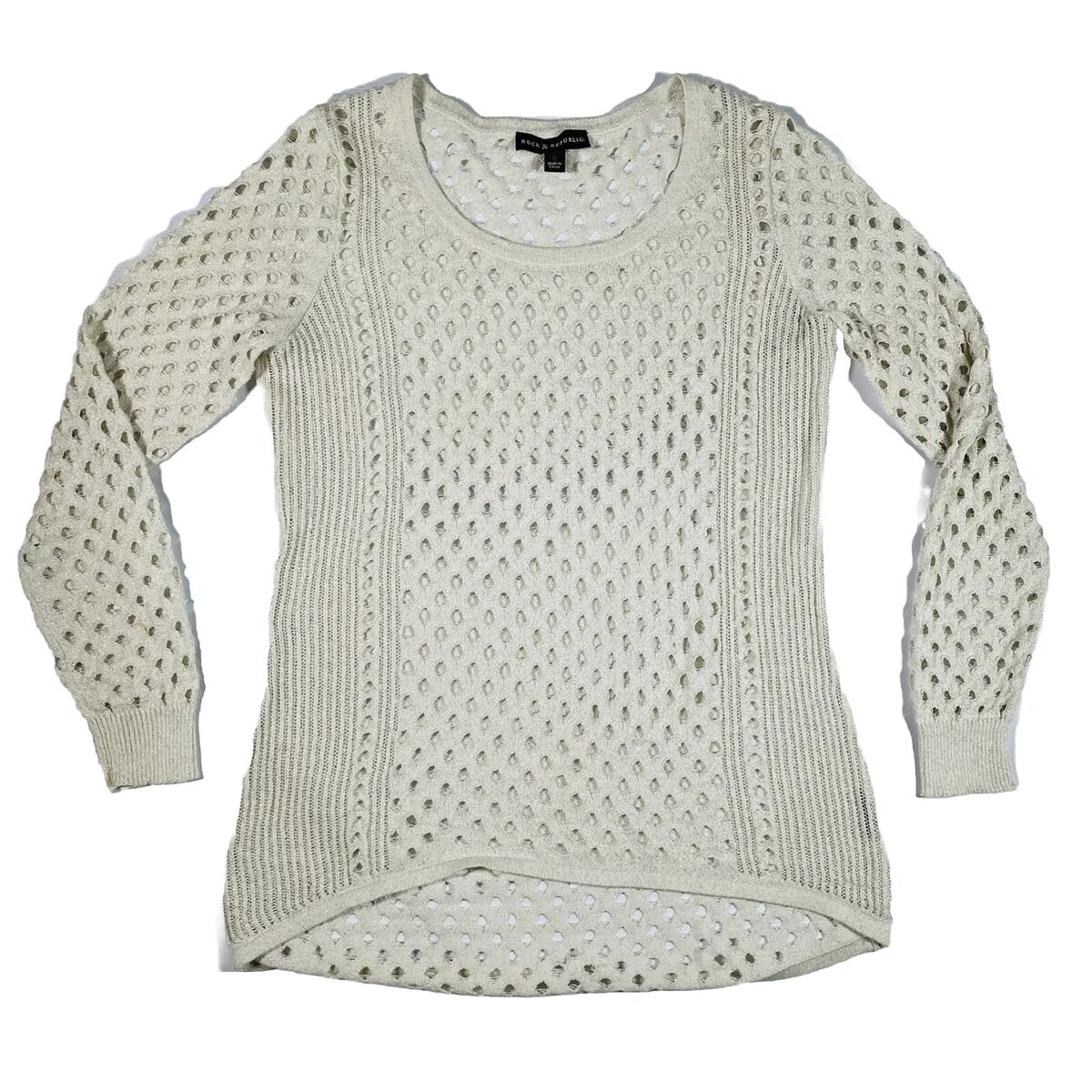 Rock & Republic Metallic Cream Off-White Silver Mesh Open Rock & Republic Metallic Cream Off-White Silver Mesh Open