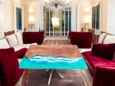 Epoxy Resin Ocean Wave Dining Table Top Handmade Farmhouse Furniture Hotel Decor