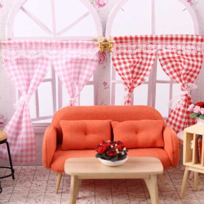 #ad #ad 2PC 1 12 Scale Dollhouse Miniature Plaid Curtains Windows Cloth Art Indoor Decor $8.89