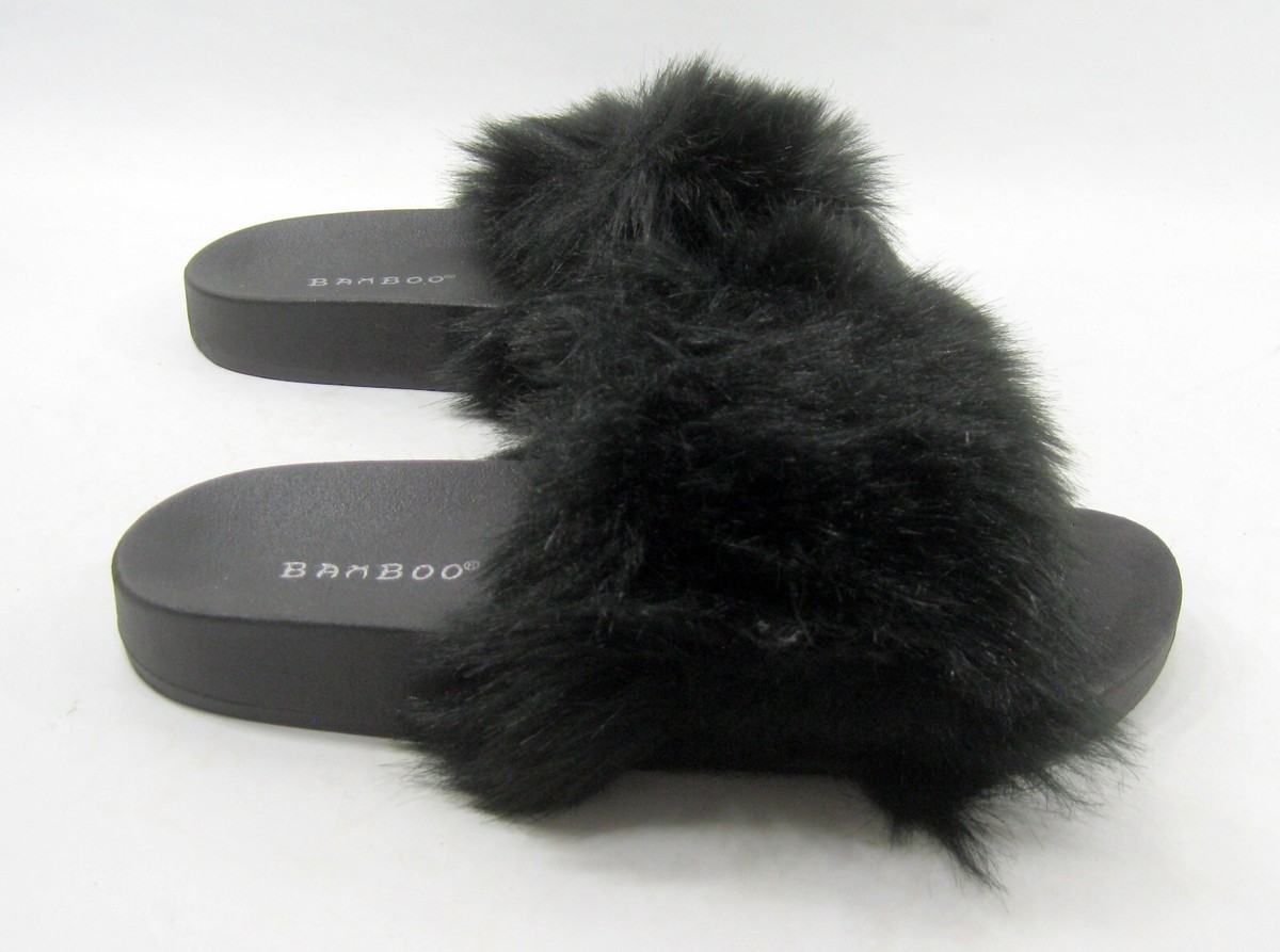 new BAMBOO Slip On slipper black soft warm FURRY Sandals women
