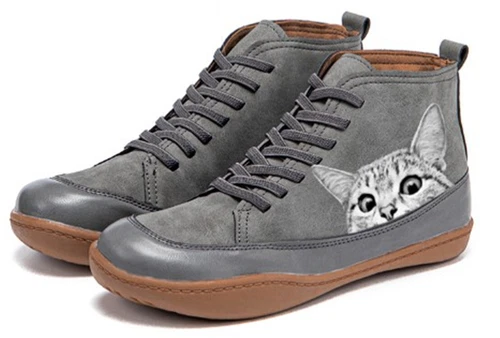 Botines informales clásicos para mujer con patrón de gato planos con cordones al tobillo zapatos de moda - Imagen 7 de 13