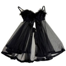 Victorias Secret Nightie Womens 36B Black Marabou Feather Sheer Babydoll VTG 90s