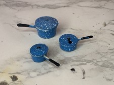 Miniature Enameled Kitchen Dollhouse Pots Blue Speckle Ware