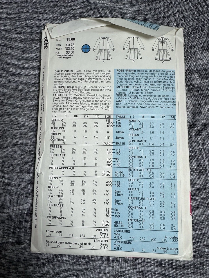 VTG Butterick Pattern 3438 Girls Dress SZ 7-10 CUT Complete  - Image 4 of 4