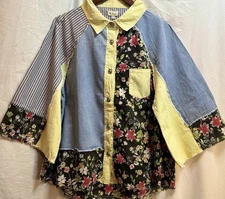 POL Patchwork Button Down Shirt Medium Floral Striped Colorblock Boho NWOT