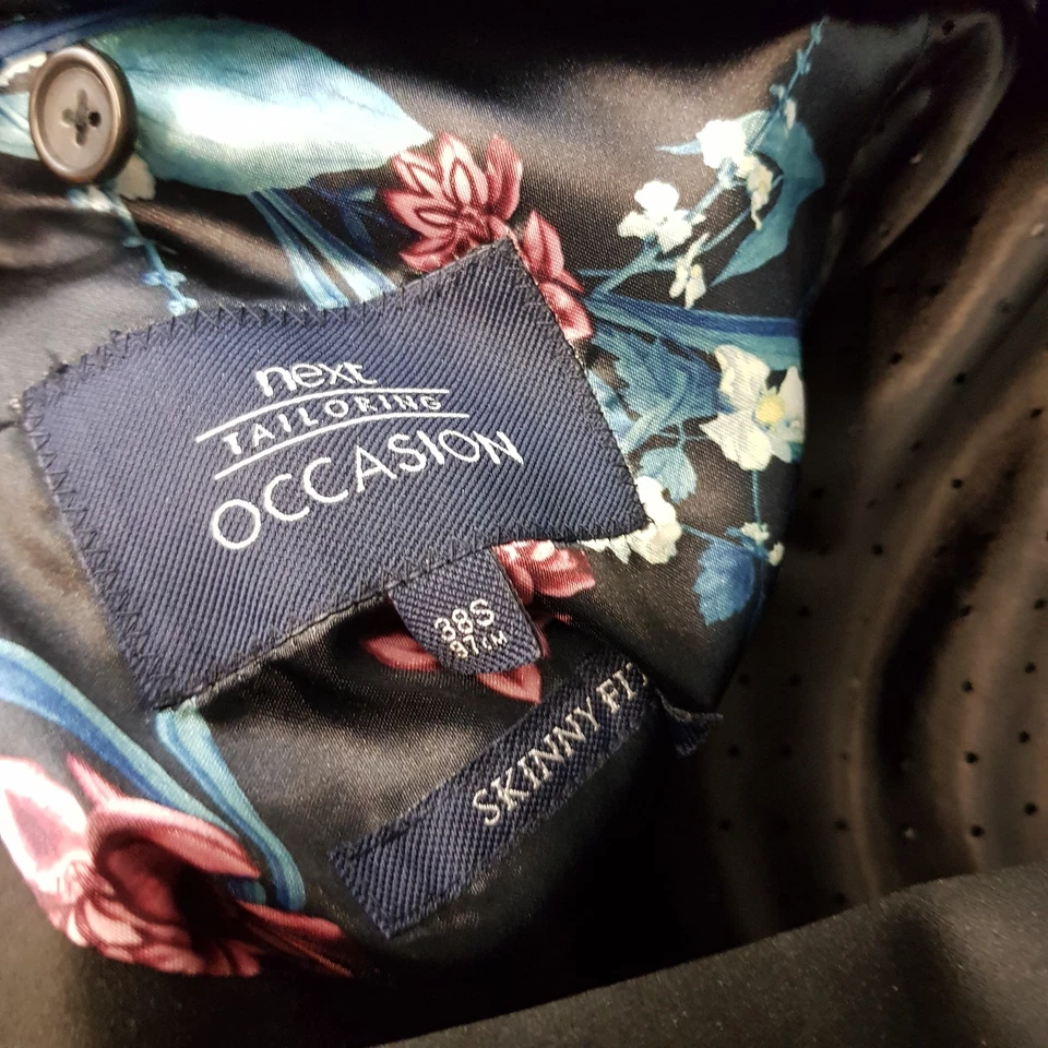 Next Mens Jacket 38S Blue Velvet Skinny Tuxedo Smoking Blazer Satin Lapel Floral - Image 4 of 4