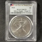 2021 $1 American Silver Eagle Type 1 Last Day of Production PCGS Flag MS 70
